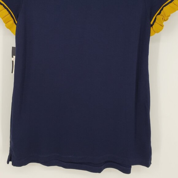 Crown & Ivy Knit Ruffle Trim Tee Shirt Top XS Short Sleeves Navy Blue Yellow NEW - Picture 8 of 8